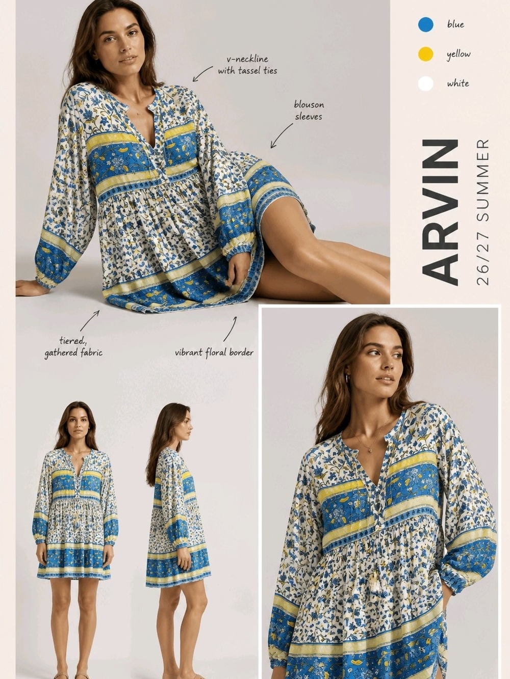 R VIVIMOS Blue & Yellow Floral Tiered Tunic